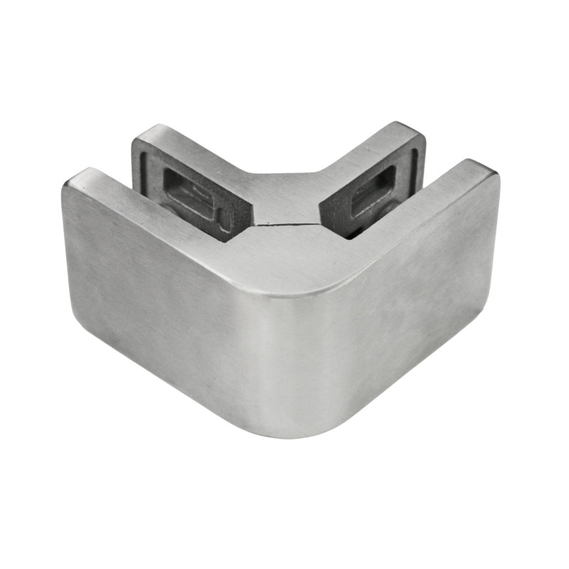Strofix glass clamp 45x72 90° flat satin side view showing corner glass grip and mounting
