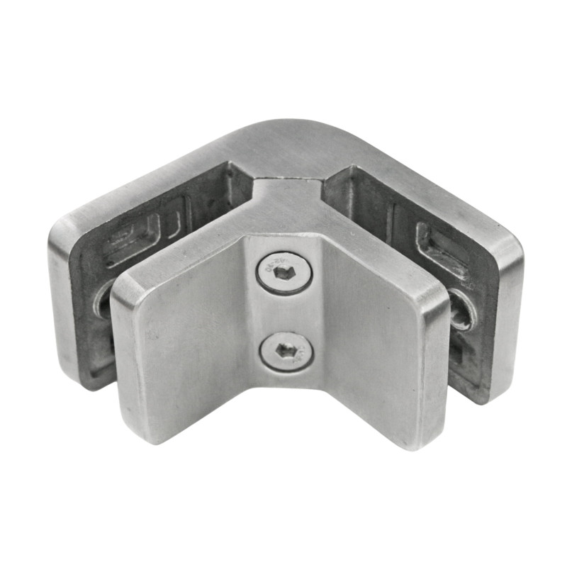 Strofix glass clamp 45x72 mm 90° corner joint, flat mount, satin AISI 304, for right-angle thick glass connection