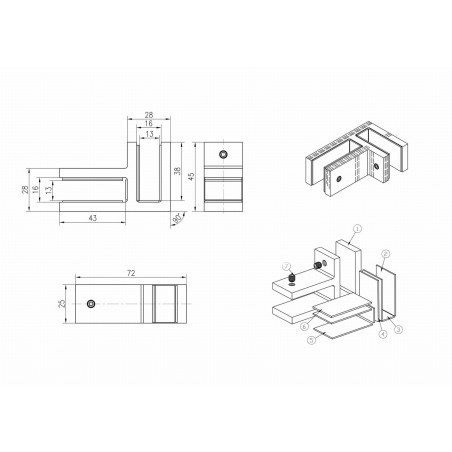 Strofix glass clamp 45x72 90° showing corner joint body for 10-12.76 mm glass connection