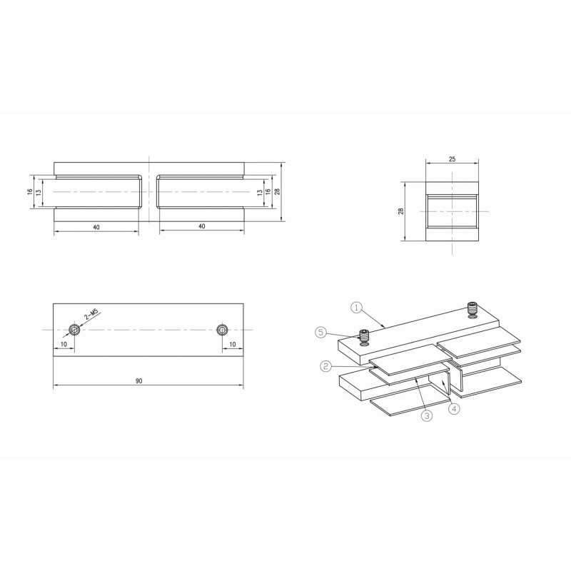 Strofix stikla turētājs 90x25 180° ar slaidu zema profila korpusu pāri stikla-stikla savienojumam