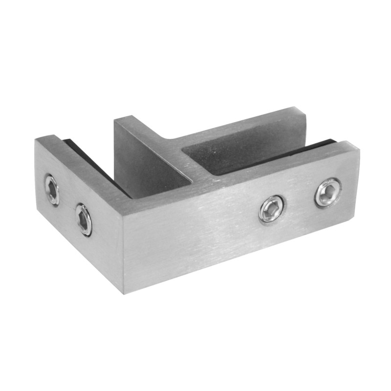 Strofix glass clamp 82x55 90° flat satin side view showing 34 mm depth for thick glass corner