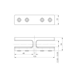 Strofix glass clamp 103x34 180° showing wide 103 mm body spanning thick glass-to-glass joint