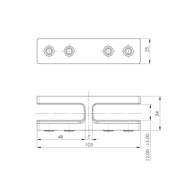 Strofix glass clamp 103x34 180° showing wide 103 mm body spanning thick glass-to-glass joint