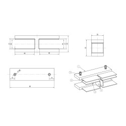 Strofix glass clamp 90x25 180° showing slim profile body spanning thick glass-to-glass joint