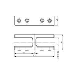 Strofix glass clamp 103x40 180° showing wide body for the thickest structural glass-to-glass joint