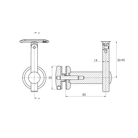 Strofix glass-mounted handrail bracket D50 showing flat saddle and ø50 mm glass-contact base
