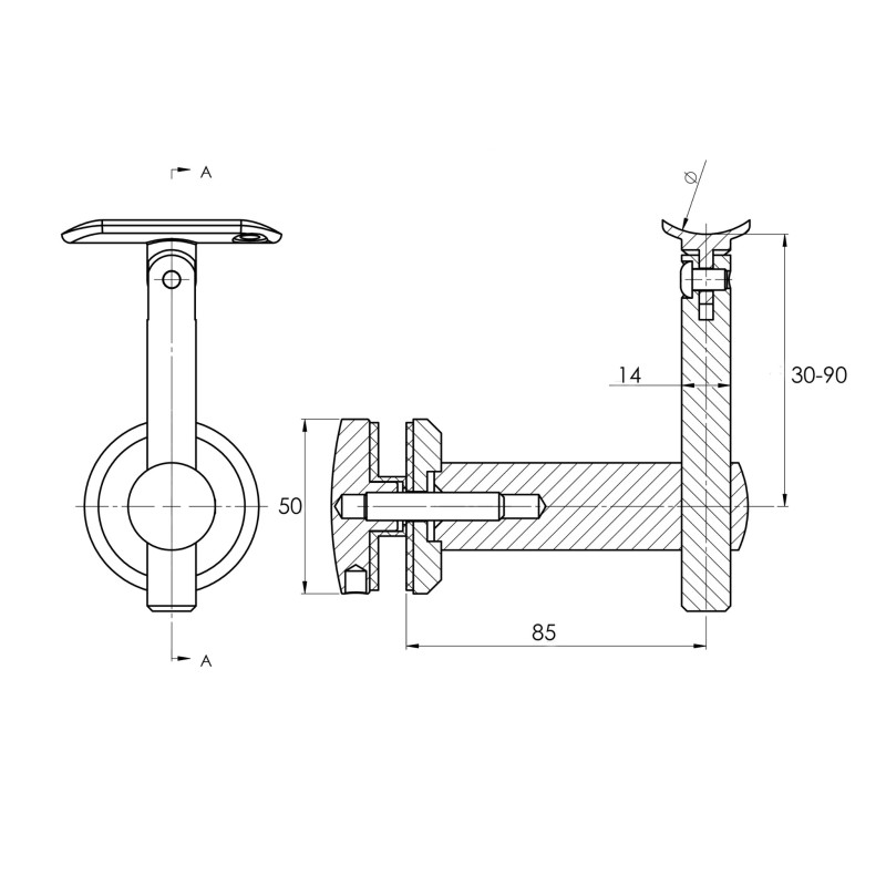 Strofix glass-mounted handrail bracket D50 42.4 showing curved saddle and ø50 mm glass-contact base