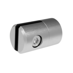 Strofix glass-mount crossbar holder, satin AISI 304, clamps a horizontal infill rod directly to a glass balustrade panel