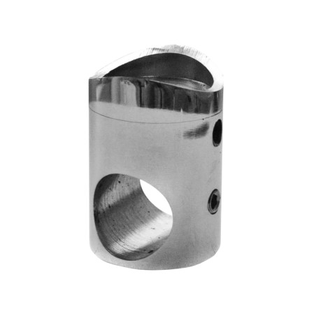 Strofix polished tube crossbar holder detail showing through-hole for Ø12 mm infill rod on a round post