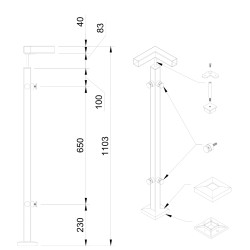 Strofix 40x40 mm punktveidā stiprināts stikla margu stabiņš, 1060 mm augsts, ar punktveida stiprinājumiem