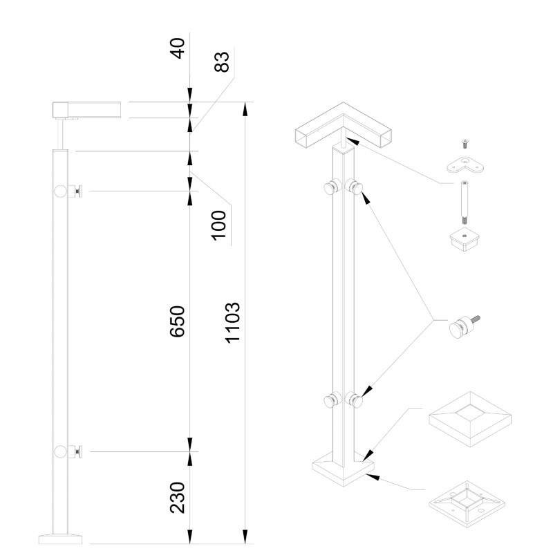 Strofix 40x40 mm punktveidā stiprināts stikla margu stabiņš, 1060 mm augsts, ar punktveida stiprinājumiem