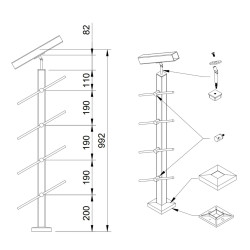 Strofix 40x40 stair rod railing post, 960 mm high, with crossbar holders for horizontal rods