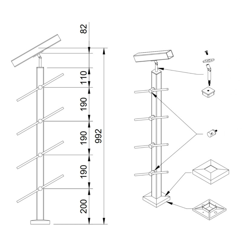 Strofix 40x40 kāpņu reliņu margu stabiņš, 960 mm augsts, ar šķērsstieņu turētājiem horizontālajiem reliņiem