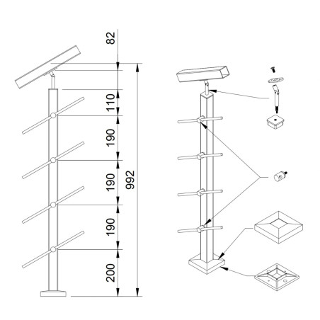 Strofix 40x40 stair rod railing post, 960 mm high, with crossbar holders for horizontal rods