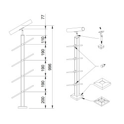 Strofix 40x40 stair rod railing post, 960 mm high, top for a round Ø42.4 handrail, with crossbar holders