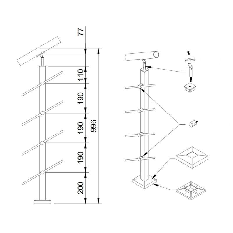 Strofix 40x40 stair rod railing post, 960 mm high, top for a round Ø42.4 handrail, with crossbar holders
