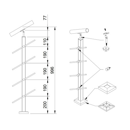 Strofix 40x40 kāpņu reliņu margu stabiņš, 960 mm augsts, apaļajam Ø42,4 rokturim, ar šķērsstieņu turētājiem