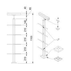 Strofix 40x40 reliņu margu stabiņš līdzenai virsmai, 1060 mm augsts, ar šķērsstieņu turētājiem reliņiem