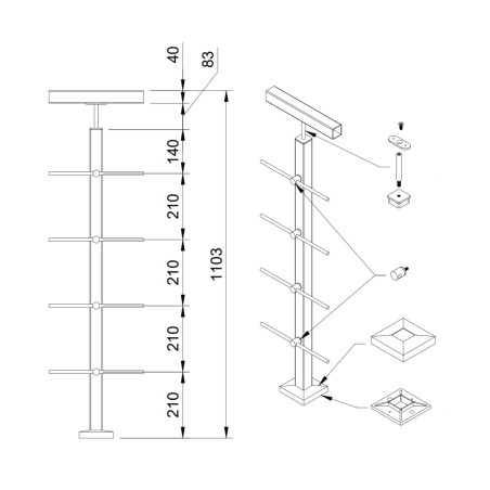Strofix 40x40 reliņu margu stabiņš līdzenai virsmai, 1060 mm augsts, ar šķērsstieņu turētājiem reliņiem