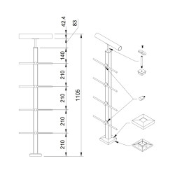 Strofix 40x40 flat-surface rod railing post, 1060 mm high, top for a round Ø42.4 handrail, with crossbar holders