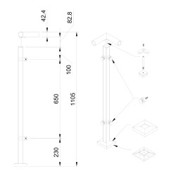 Strofix 40x40 mm punktveidā stiprināts stikla margu stabiņš, 1060 mm augsts, apaļajam Ø42,4 caurules rokturim