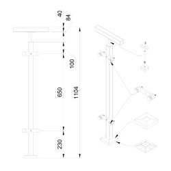 Strofix 40x40 mm punktveidā stiprināts starpposma stikla margu stabiņš, 1060 mm augsts, ar stikla adapteriem