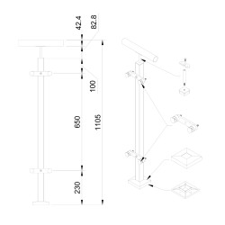 Strofix 40x40 mm punktveidā stiprināts starpposma stikla margu stabiņš, apaļajam Ø42,4 caurules rokturim