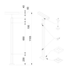 Strofix 40x40 mm punktveidā stiprināts gala stikla margu stabiņš, 1060 mm augsts, ar 2 stikla adapteriem