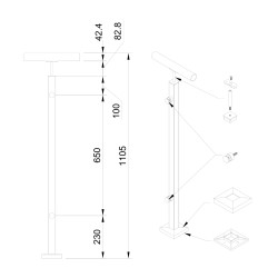 Strofix 40x40 mm punktveidā stiprināts gala stikla margu stabiņš, apaļajam Ø42,4 caurules rokturim