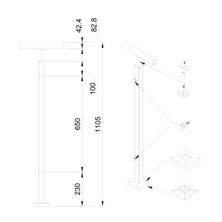 Strofix 40x40 mm point-fixed end glass railing post, 1060 mm high, top for a round Ø42.4 tube handrail