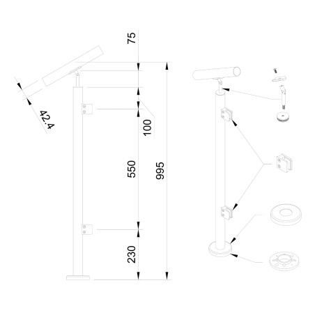 Strofix Ø42.4 stair end glass railing post, 960 mm high, with 2 glass clamps following the stair pitch