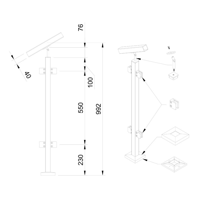 Strofix 40x40 kāpņu stikla margu stabiņš, 960 mm augsts, ar stikla turētājiem pa kāpņu slīpumu