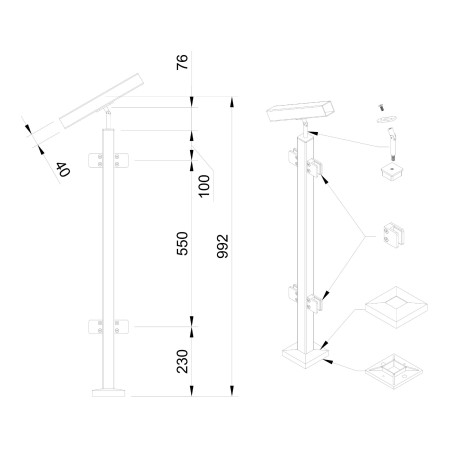 Strofix 40x40 stair glass railing post, 960 mm high, with glass clamps following the stair pitch
