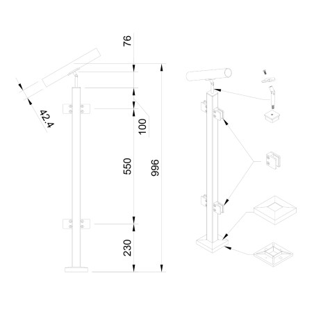 Strofix 40x40 stair glass railing post, 960 mm high, top for a round Ø42.4 handrail, with glass clamps