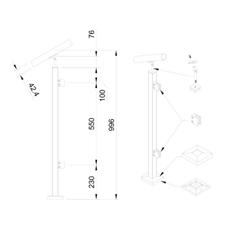 Strofix 40x40 stair end glass railing post, 960 mm high, top for a round Ø42.4 handrail, with 2 glass clamps