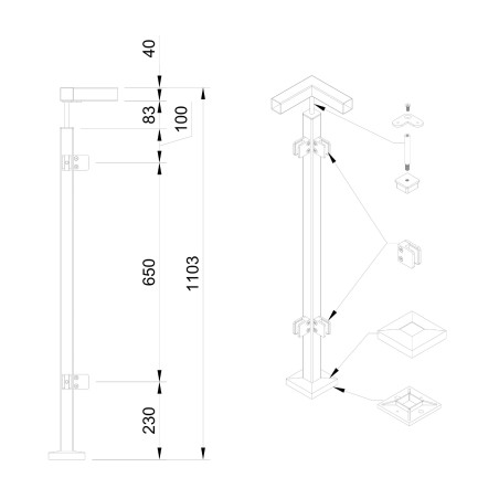 Strofix 40x40 mm punktveidā stiprināts stūra stikla margu stabiņš, 1060 mm augsts, ar stikla adapteriem