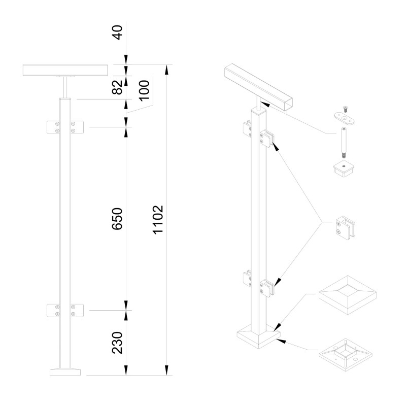 Strofix 40x40 mm point-fixed intermediate glass railing post, 1060 mm high, with glass adaptors