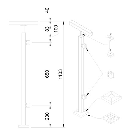 Strofix 40x40 mm point-fixed end glass railing post, 1060 mm high, with 2 glass adaptors