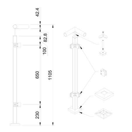 Strofix 40x40 mm punktveidā stiprināts stūra stikla margu stabiņš, apaļajam Ø42,4 rokturim