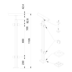 Strofix 40x40 mm punktveidā stiprināts starpposma stikla margu stabiņš, apaļajam Ø42,4 rokturim