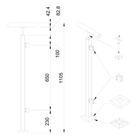 Strofix 40x40 mm point-fixed end glass railing post, 1060 mm high, top for a round Ø42.4 handrail
