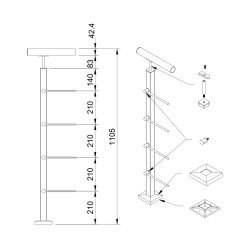 Rod railing system for a flat surface, End Right - 42.4