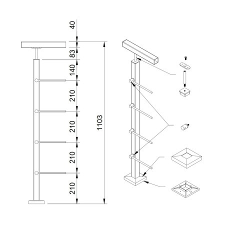 Rod railing system for a flat surface, End Right - Flat