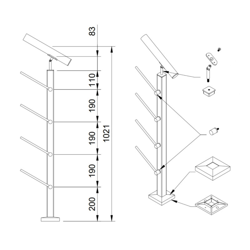Rod railing system for stairs, End Left - 42.4