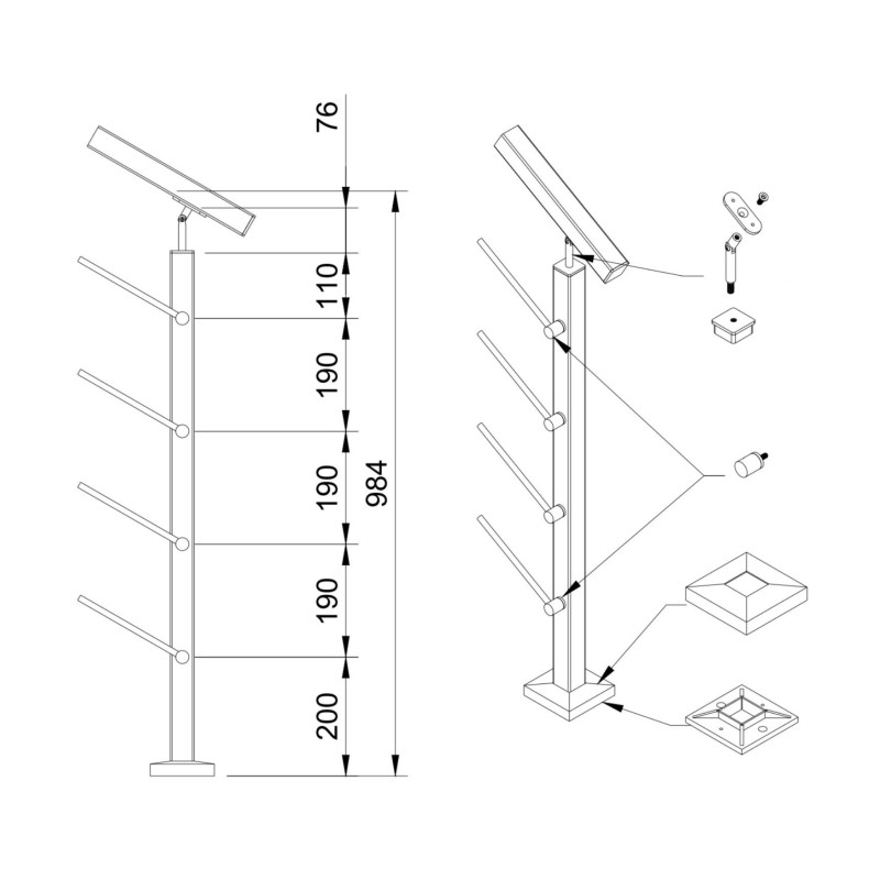 Rod railing system for stairs, End Left - Flat
