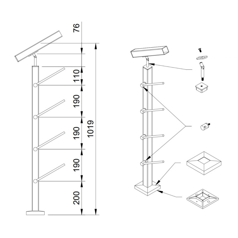 Rod railing system for stairs, End Right - Flat