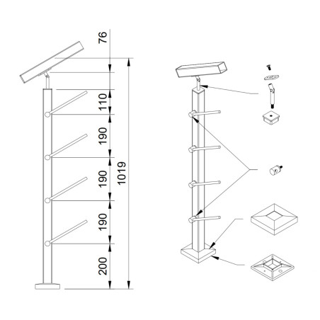Rod railing system for stairs, End Right - Flat