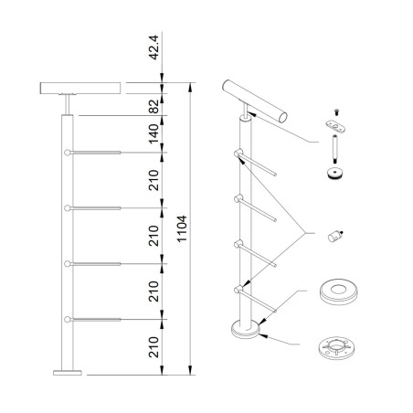Round rod railing system for a flat surface, End Right - 42.4