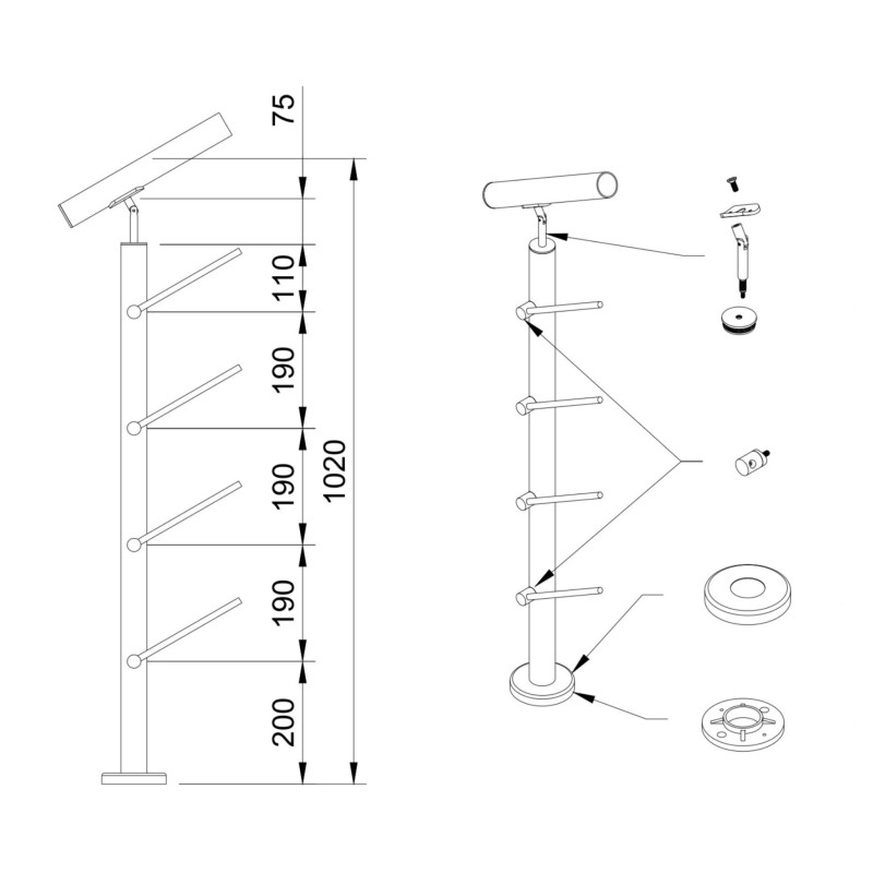 Round rod railing system for stairs, End Right - 42.4
