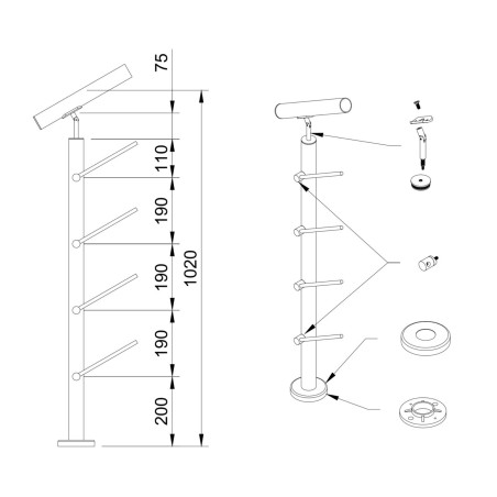 Round rod railing system for stairs, End Right - 42.4